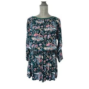 VINTAGE Emerald Green Floral Tropical Bat Wing Blouson Top Mini Dress S